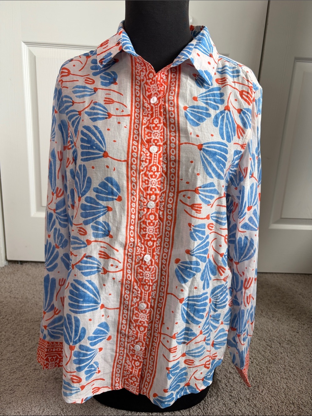 Sal Rosa Silk Cotton Blend Block Print Button Front Top Orange Blue Leaf S Artsy